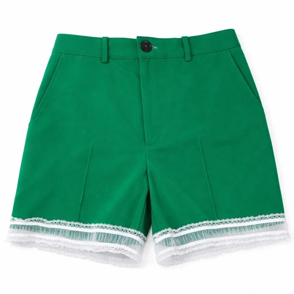 Emerald Green Lace Trim Tailored Shorts Designer Made In Italy SOI Studio S/M - Picture 5 of 8